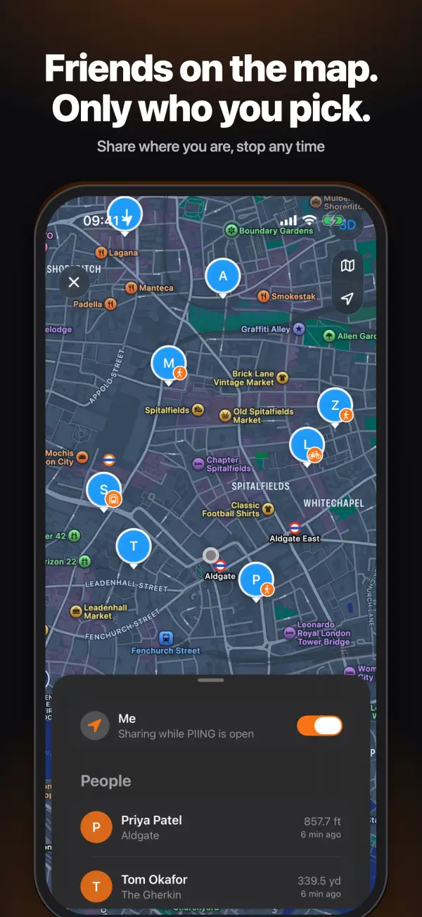 PIING Friends Map on iPhone with friends shown on a London map