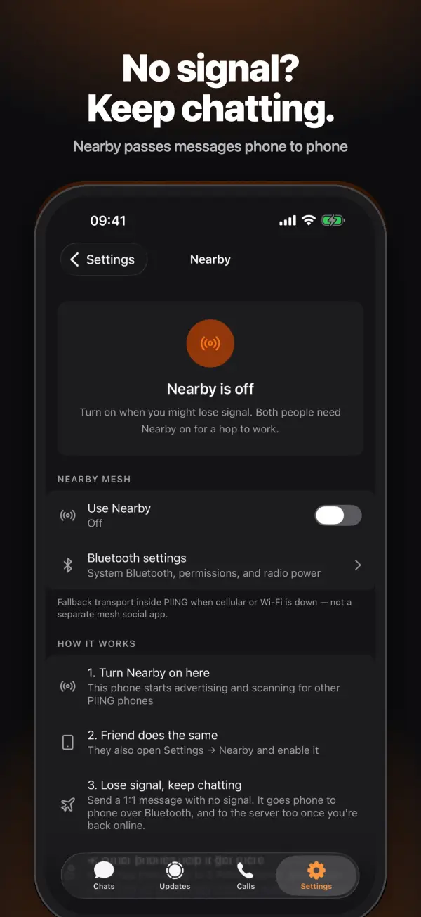 PIING Nearby settings: chat phone to phone over Bluetooth with no signal